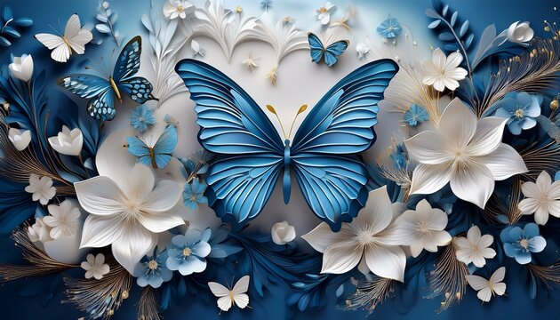 background adorned with a delightful pattern of 3d blue butterflies and elegant white floral blossoms