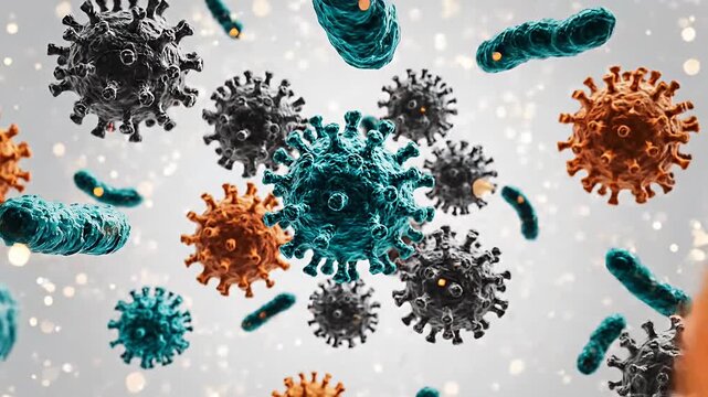 Microscopic view of diverse colorful viral and bacterial strains