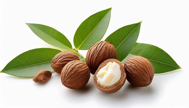 split shea nuts showing their creamy interior with fresh shea leaves arranged on a white background
