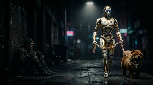Futuristic robot walking a dog past a homeless man in a dark alley