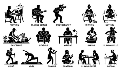 Fototapeta premium Creative hobby silhouette vector collection with painting guitar photography knitting gardening and reading isolated on white background