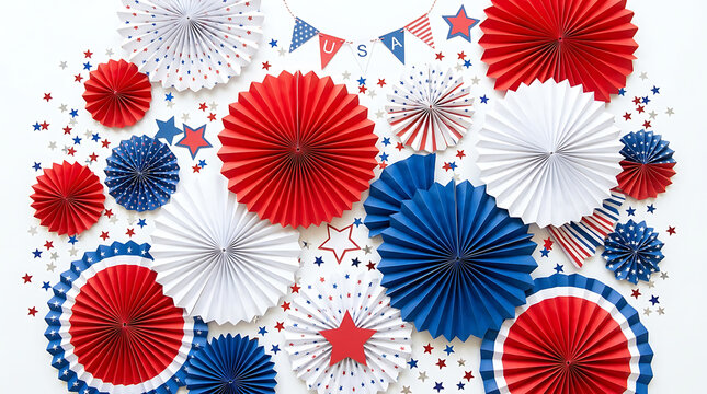 Patriotic paper decorations for 4th of July party with red white and blue pleated fans