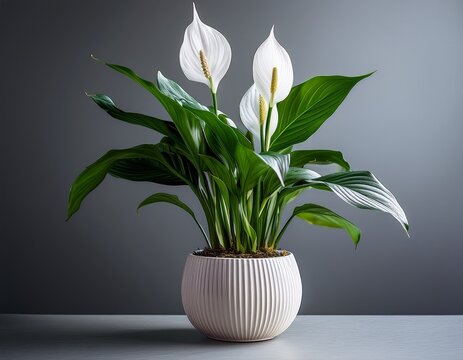 peace lily plant in modern pot on gray background indoor houseplant