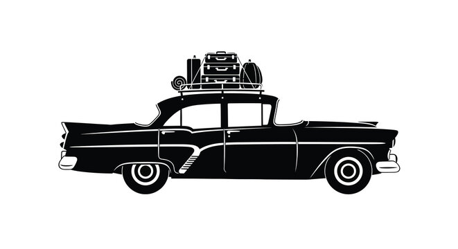 Vintage automobile with luggage rack black vector silhouette car vehicle