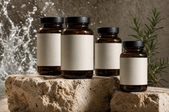 Amber glass supplement bottles with blank labels on a travertine stone mockup.
