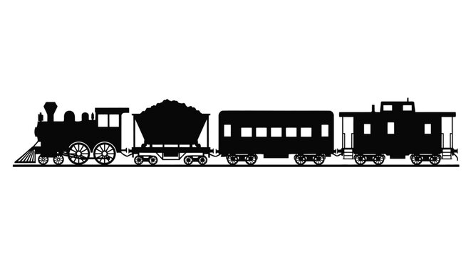 Black steam train silhouette with tender passenger car and caboose silhouette