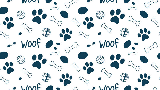 Cute puppy seamless pattern with dog bones, paw prints, pet toys, hand drawn doodle elements, playful repeating background, and vector wallpaper for fabric, packaging, and pet accessories