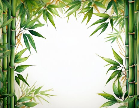 bamboo stalks and leaves form a natural border frame on a white background for serene artistic compositions