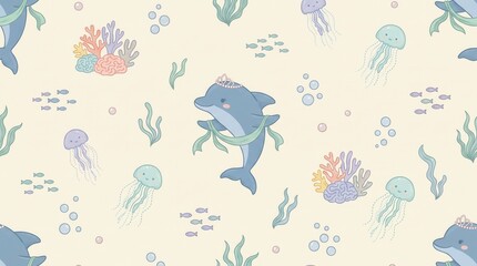 Fototapeta premium Sweet dolphin princesses swim with jellyfish and fish among colorful corals and seaweed