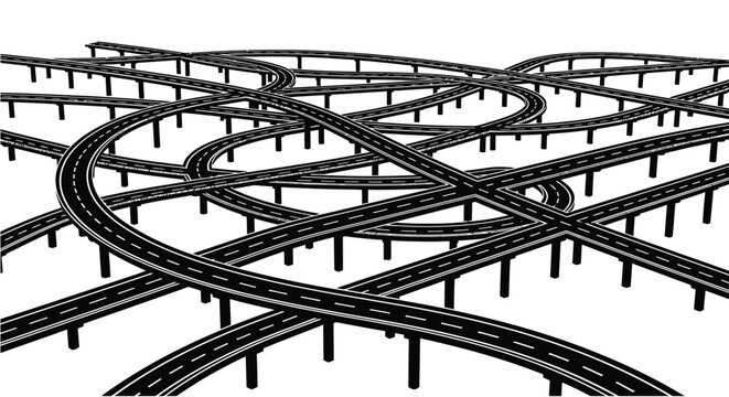 Intertwined highway overpass structure black vector silhouette road freeway viaduct
