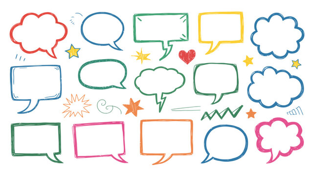 Hand drawn crayon and chalk speech bubble frame set with colorful dialog balloons, sketch borders, doodle text boxes, and playful pencil outlines for classroom, kids, and creative projects