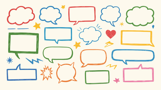Cute crayon speech bubble frame set featuring hand drawn chalk pencil dialog balloons, colorful sketch borders, and playful doodle frames for kids, education, and creative design