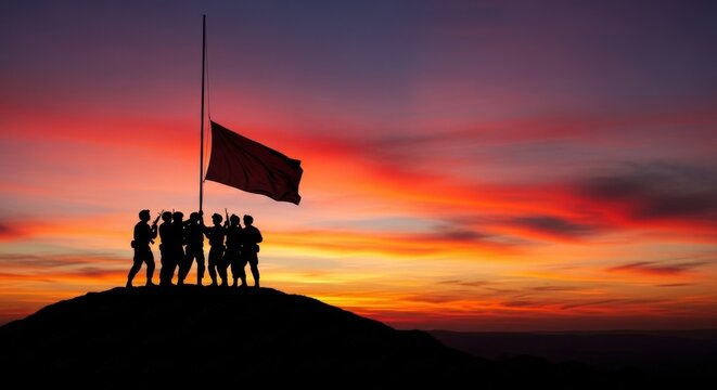 Team victory, flag raising, sunset silhouette, achievement concept, inspirational photo