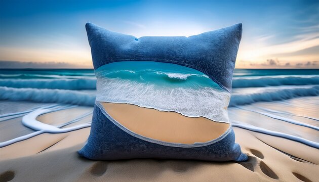 decorative throw pillow with ocean wave and sandy beach design