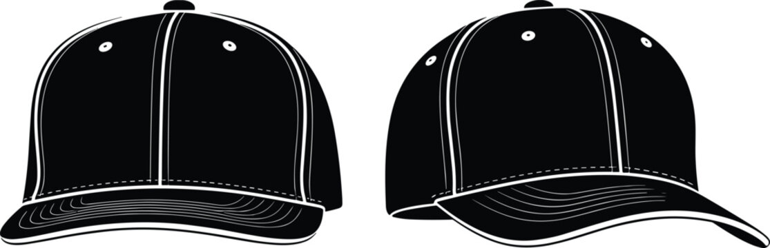 Black-and-white vector illustration of two baseball caps with stitching details, shown from frontal and angled views, symbolizing fashion, apparel, accessories, and sports themes
