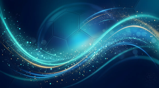 Abstract soccer ball background with glowing neon blue waves and glittering light particles for sports championship