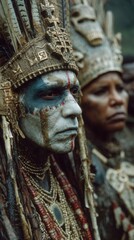 Obraz premium Maya Aztec civilization, Mexico culture. Mysterious, fantasy. A closeup portrait of a person wearing elaborate tribal headdress and face paint. The persons face is painted with blue and white.
