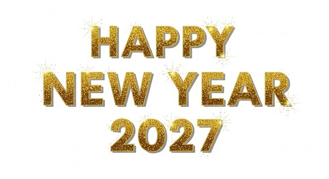 Golden Happy New Year 2027 text, shiny gold letters, festive greeting, celebration phrase