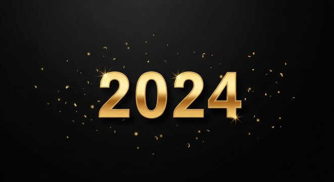 Golden 2024 New Year celebration background, shiny gold numbers, black festive template