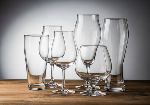 Assortment of classic empty beer glassware including pint, tulip, snifter, and wheat beer glasses displayed on a rustic wood surface, goblet, tulip, still life