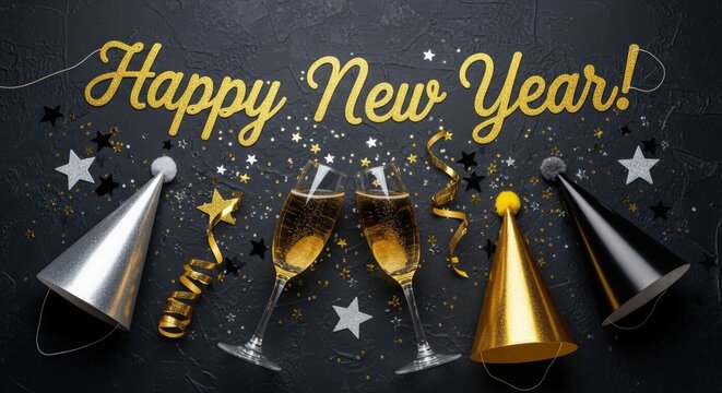 New Year celebration, Happy New Year party, gold champagne glasses, festive confetti and stars