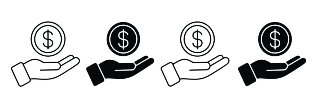 Hand holding money icon collection, dollar coin payment and charity symbols for finance, fundraising and donation concepts.