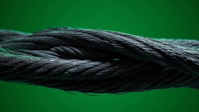 Close up of heavy duty steel wire rope cable on green background.