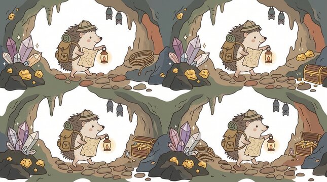 Hedgehog explores cave with map, lantern. Finds crystals, gold, treasure