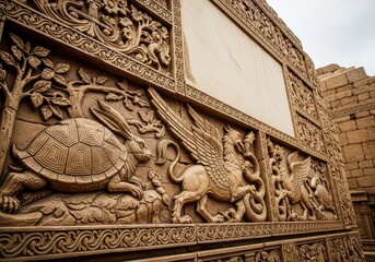 Intricate relief carvings on an old stone wall depicting classic morality tales and mythical creatures in an ancient style, sculpture, ancient, rock © photohappy