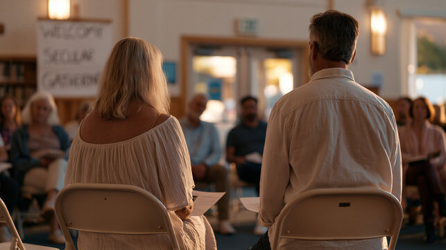 Folding chairs arranged in a semicircle inside a rented community library meeting room, hand-lettered welcome sign reading secular gathering, adults of varied ages sharing printed