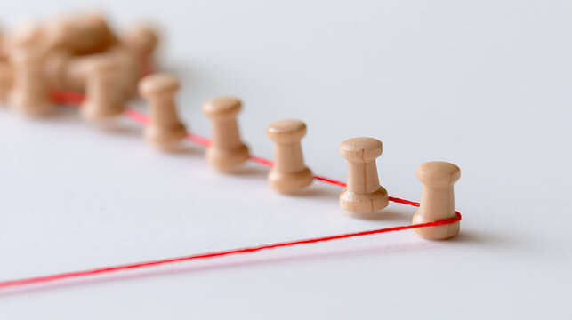 Wooden pushpins connected by a vivid red thread on a clean white surface, illustrating connection, network, and organization concepts clearly