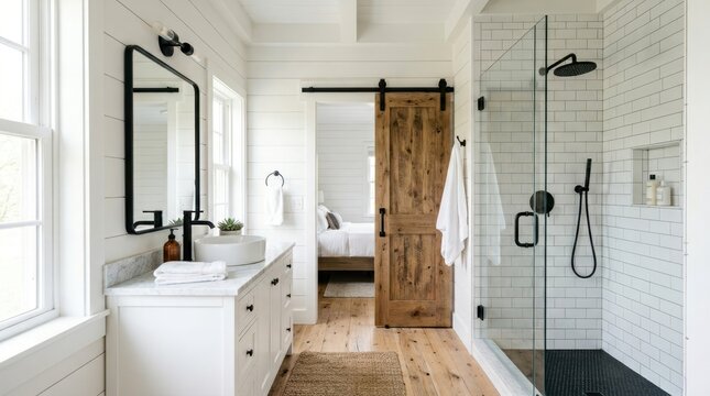 Modern farmhouse bathroom with sliding barn door and glass shower enclosure