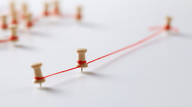Connected Pushpins with Red String: A Visual Representation of Strategy, Networking, Planning, and Business Development on a White Background