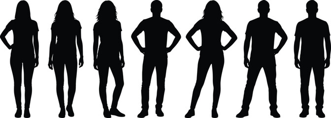 Black silhouette illustration of seven male and female figures in upright postures symbolizing gender, identity, diversity, and representation themes © Anonto