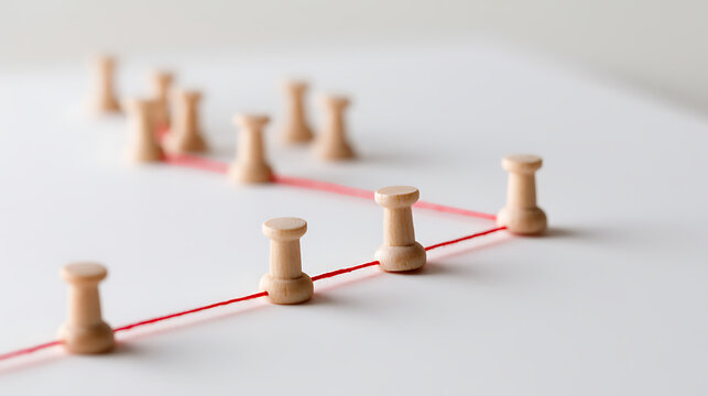 A close up view of wooden pushpins connected by a red string on a white background, symbolizing connections, strategy, and problem solve
