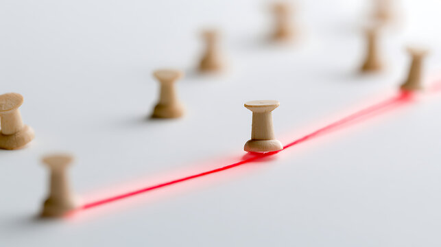 Wooden pushpins connected by a bright red string, illustrating progress, strategy, and connection on a clean white surface with selective focus