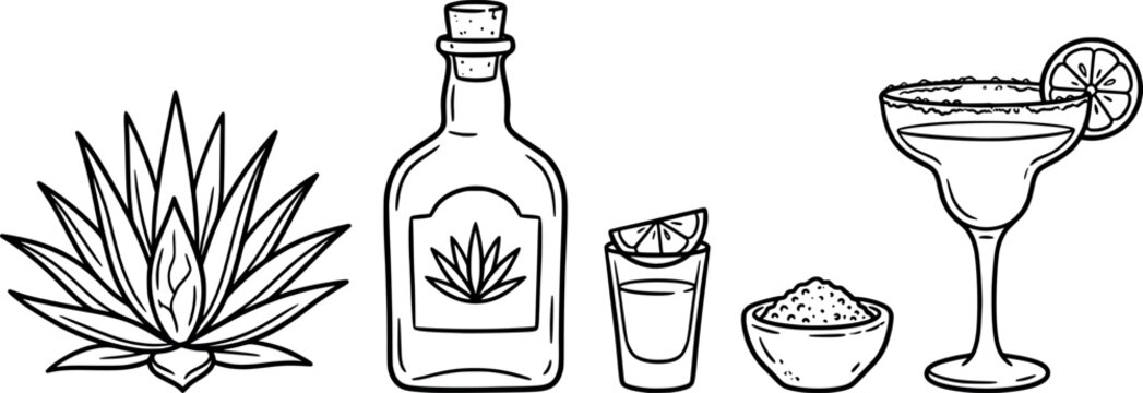 Set of tequila icons, agave plant, bottle, shot glass with lime, bowl of salt and margarita cocktail isolated on white background