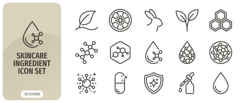 Skincare ingredient icon set, vector line icons for beauty and cosmetic products, chemical formulas, natural extracts, crueltyfree, and serum symbols