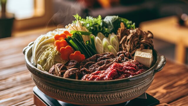 Traditional Japanese hot pot with mixed vegetables and meats