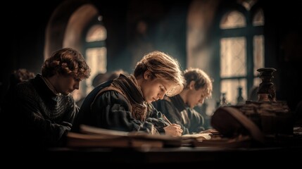 Obraz premium Europe medieval lifestyle. A dramatic, atmospheric portrayal of three individuals in a dimly lit, medievalstyle room with arched windows. The main subject is a young woman with blonde hair.