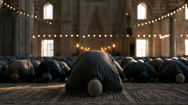 Rows of worshippers performing Friday prayers inside an ornate mosque, foreheads pressed to geometric patterned carpets, the mihrab casting a focused glow while afternoon light