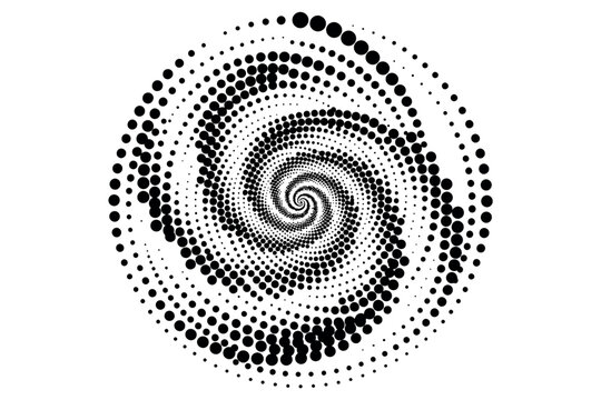 Abstract spiral pattern with decreasing dot size in crisp monochrome for graphic design elements