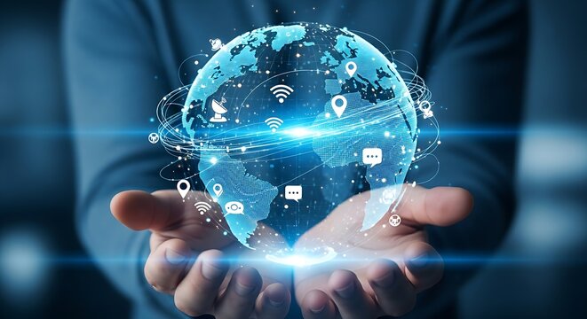 Hands presenting digital globe with network connections and communication icons representing international business expansion and global technology.