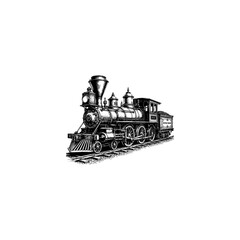 Naklejka premium Vintage steam locomotive train side view etching illustration with locomotive transport transportation engraving illustration monochrome