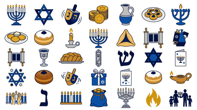 A collection of illustrated Jewish holiday symbols and objects including candles dreidels and decorative stars