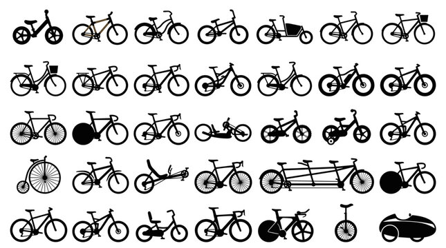 Abstract collection of bicycle silhouettes in various styles and orientations