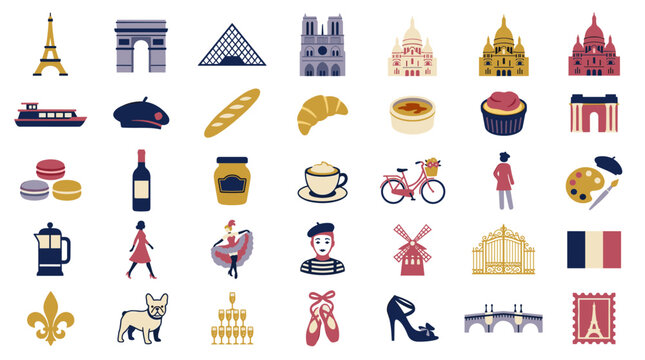 Charming collection of illustrated elements representing travel culture and iconic symbols of Paris and France