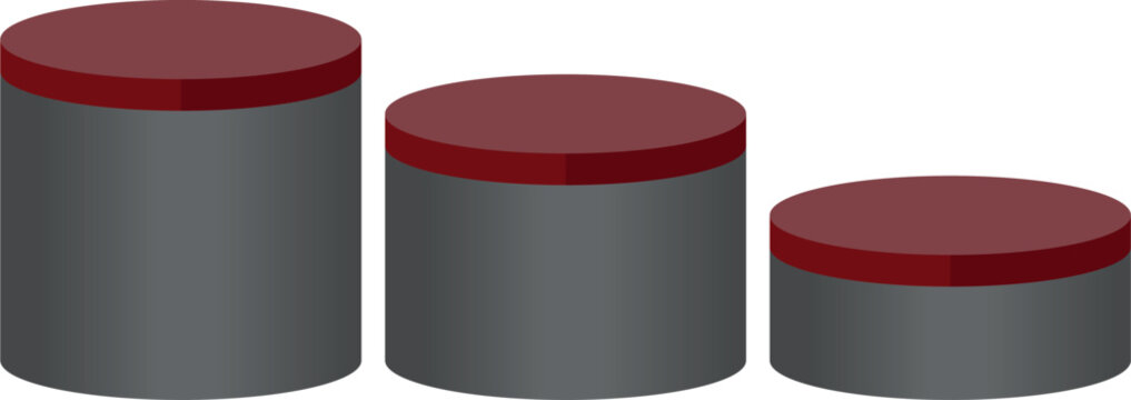 Cylinder Stairs: Three gray cylinders with red tops, arranged in descending order of height, illustrating a progressive or decreasing scale.