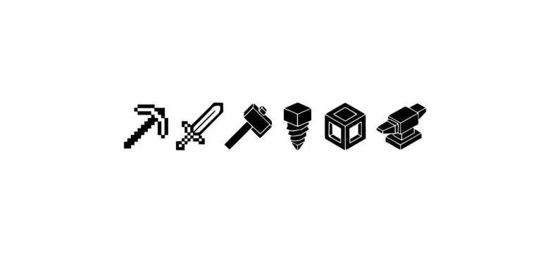 Isometric voxel crafting equipment and mining hardware graphic elements