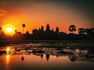 Fototapeta premium Angkor Wat temple silhouette at sunrise in Siem Reap Cambodia